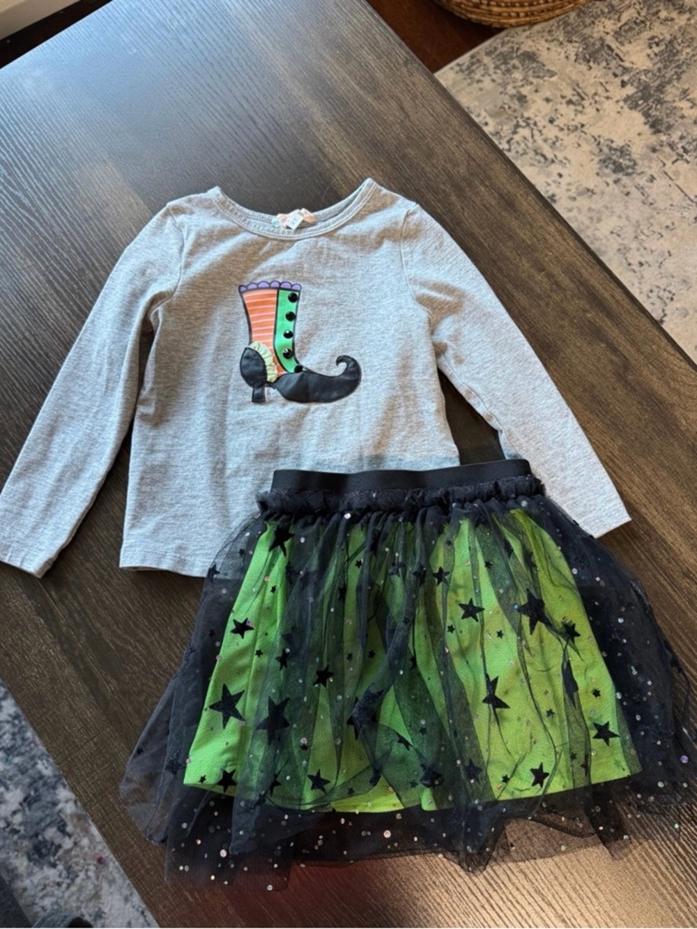 Truly Me Gray Top with Green and Black Witch Skirt Set